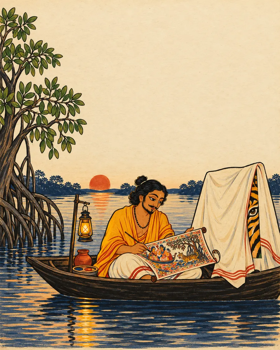 A painter at work in a boat beside the mangroves at sunset.
